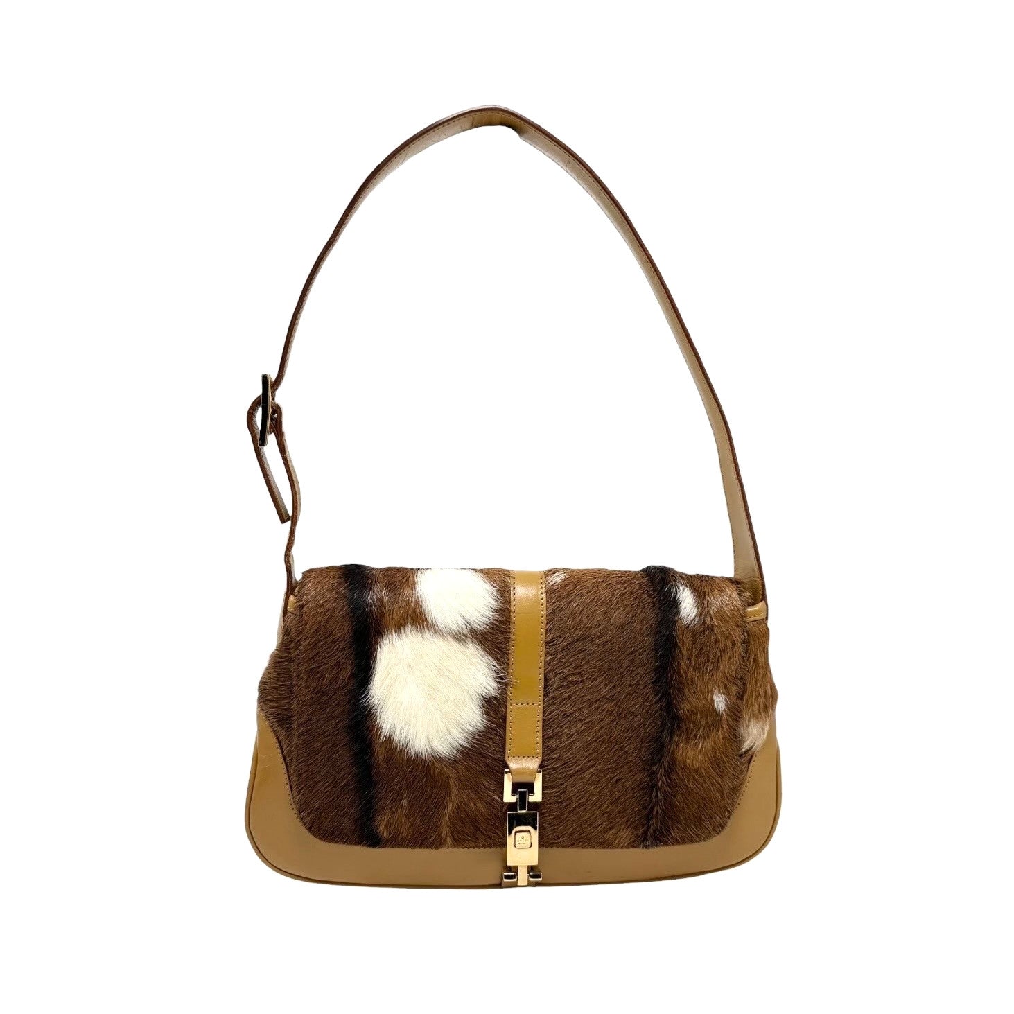 GUCCI Vintage Jackie Cow Pony Calf Hair Shoulder Bag Brown Camel Leather