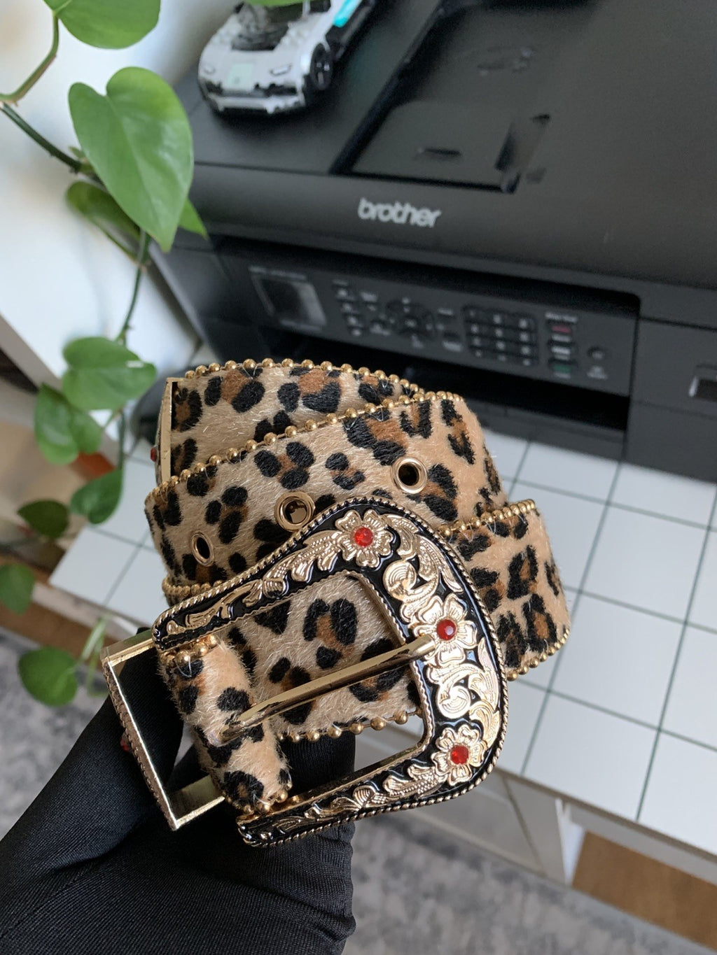 Vintage Style Gold Crystal Studded Leopard Western Leather Cowboy Belt