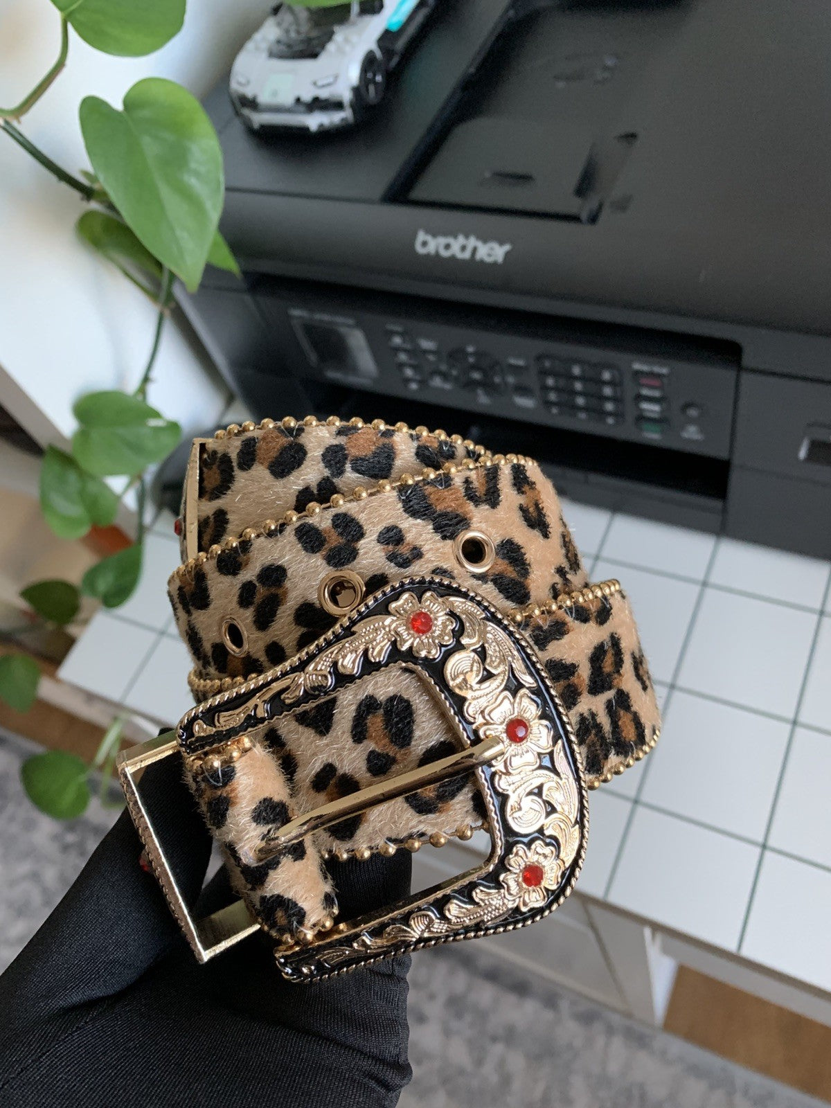 Vintage Style Gold Crystal Studded Leopard Western Leather Cowboy Belt