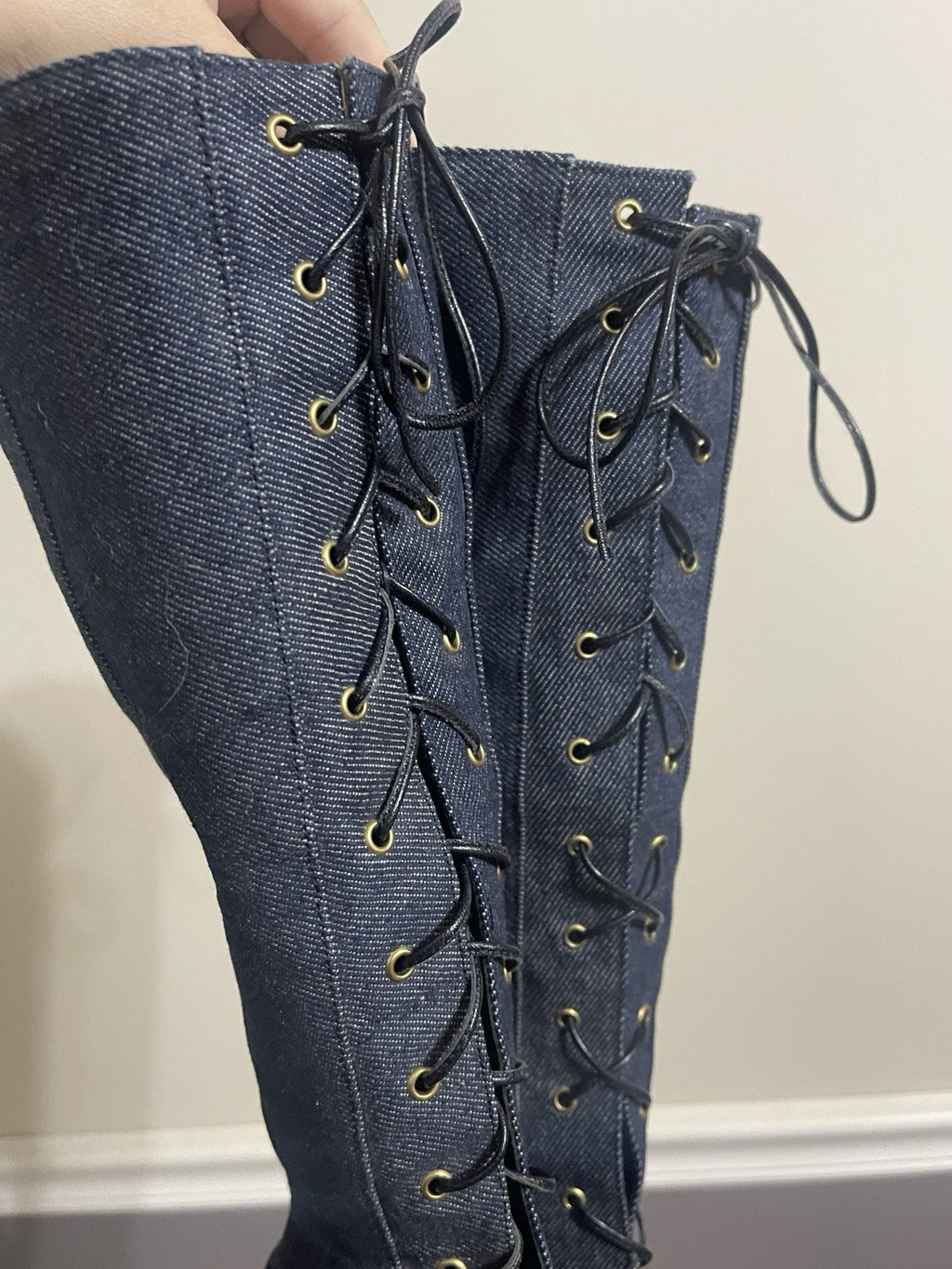 Dior Vintage Y2K Denim & Snakeskin Leather Lace Up Knee High Point Toe Boots