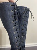 Dior Vintage Y2K Denim & Snakeskin Leather Lace Up Knee High Point Toe Boots