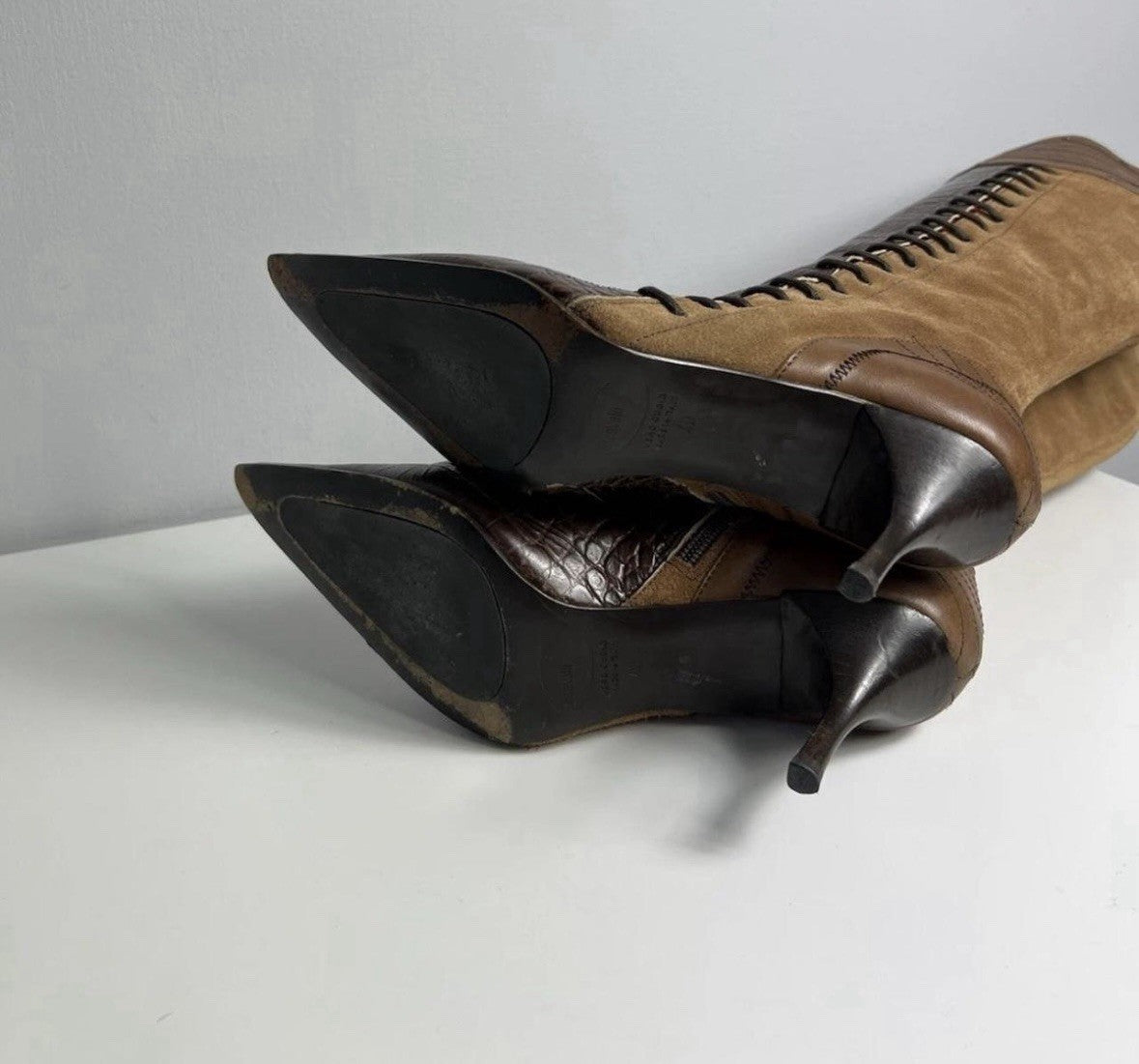 Vintage Avant Garde Just Cavalli Leather Knee High Boots Brown Croc Pointed Toe