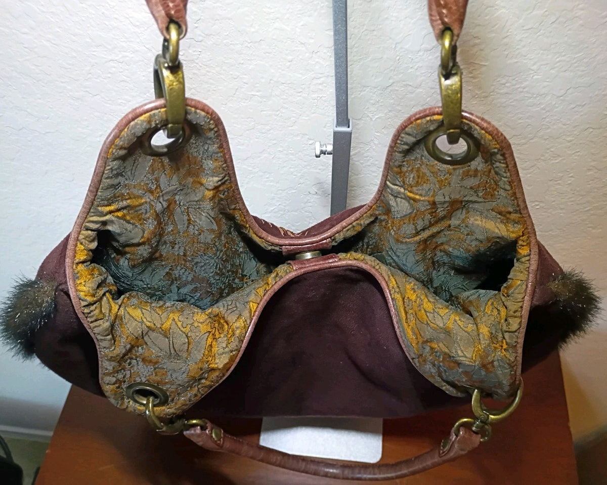 Ipa-Nima Burgundy Leather Beaded Paisley Shoulder Bag with Faux Fur Trim