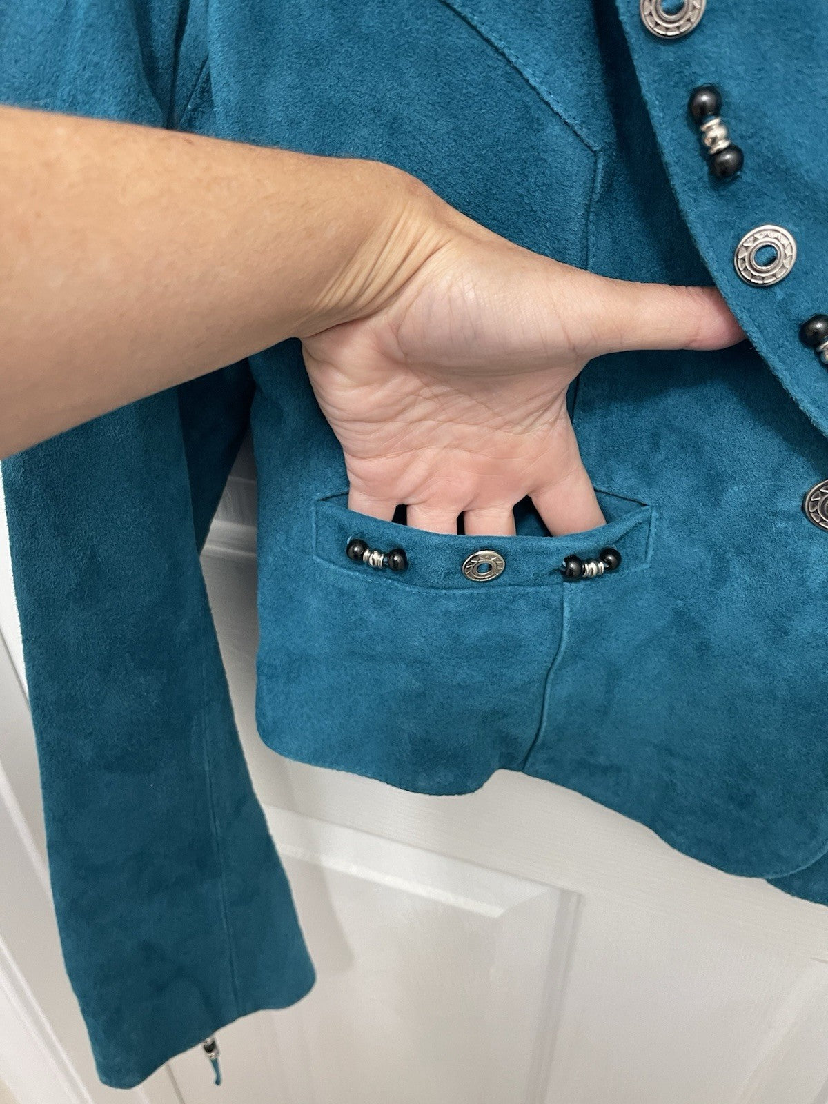 Cripple Creek Suede Leather Jacket Fringed Studded Beaded Teal Women's Large
