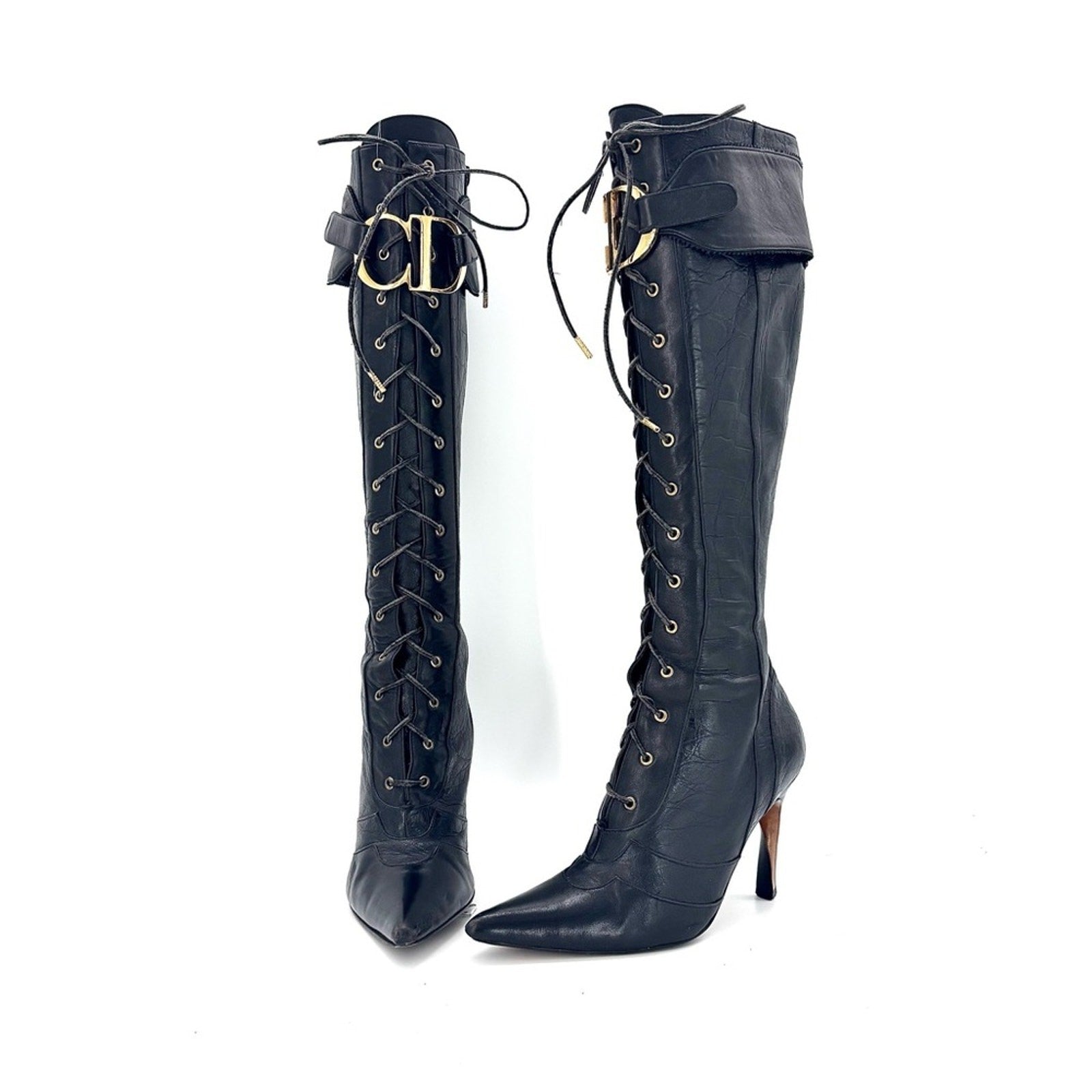 Vintage Christian Dior Fall 2000 CD Croc Emboss Pointed Toe Knee High Boots 37.5