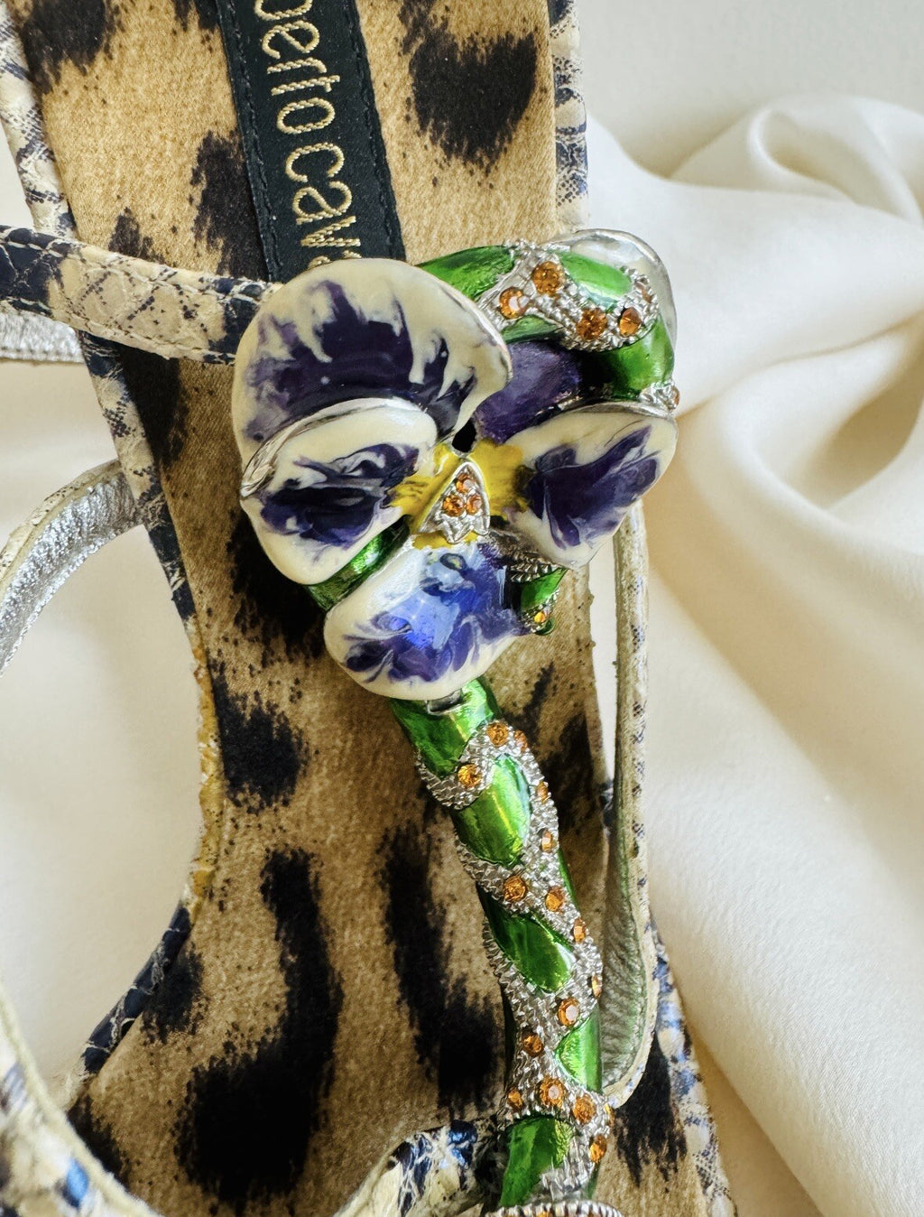 Roberto Cavalli 2000s Snake and Flower Enamel Rhinestone Heels