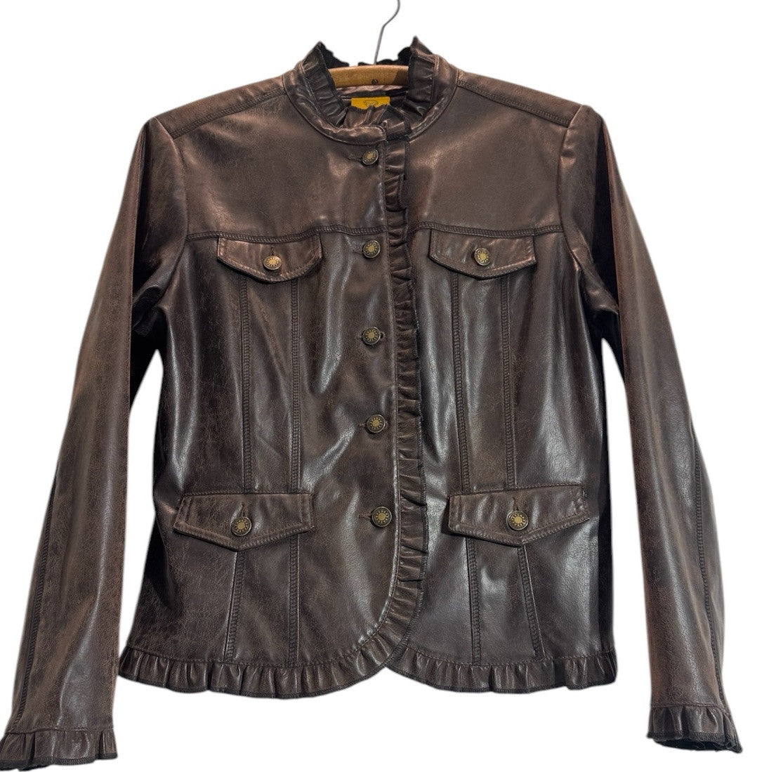 Vintage Women’s Faux Leather Jacket scalloped trim waist length fitted 2 Pockets