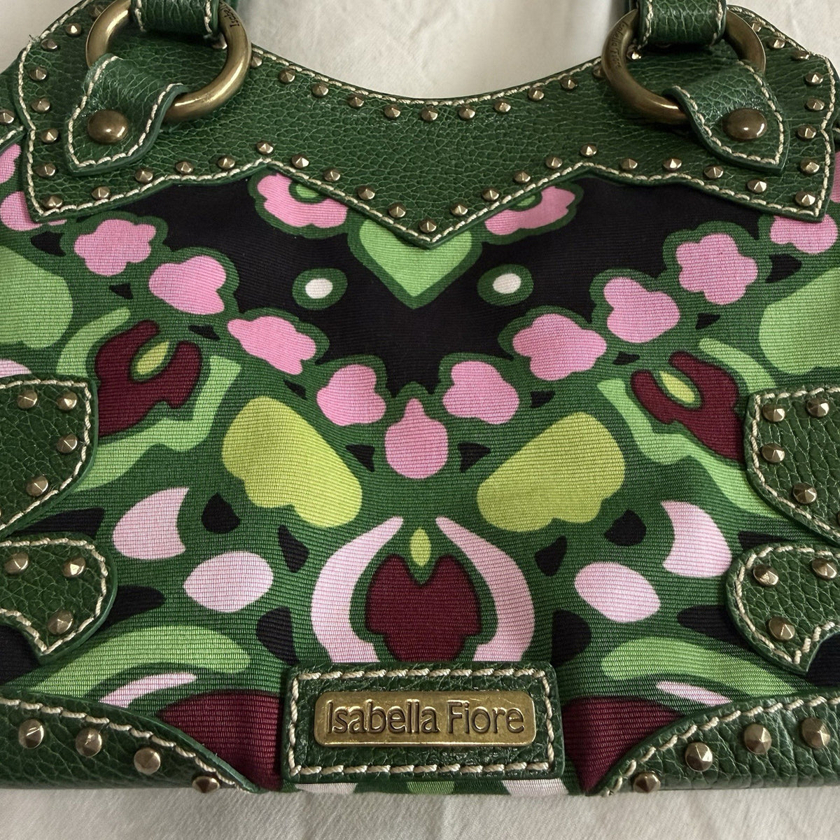 Isabella Fiore Green Floral Abstract Studded Shoulder Bag