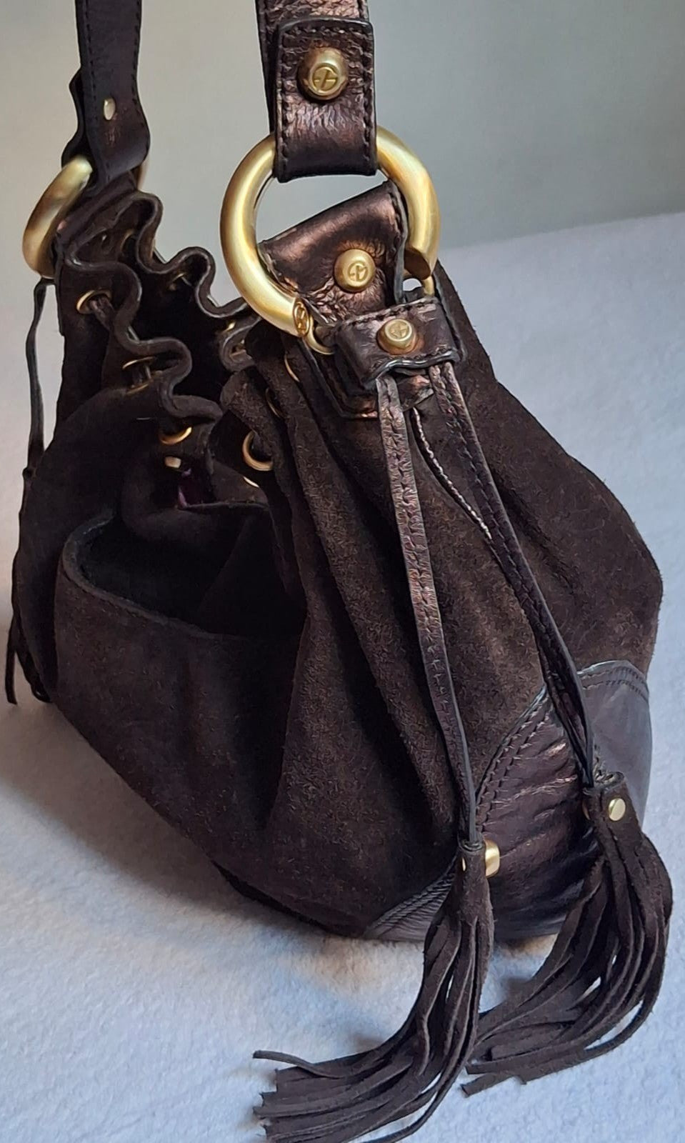 Francesco Biasia Brown Leather and Suede Medium Shoulder Bag with Tassels