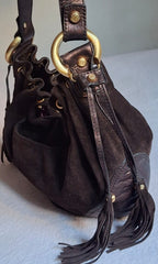 Francesco Biasia Brown Leather and Suede Medium Shoulder Bag with Tassels