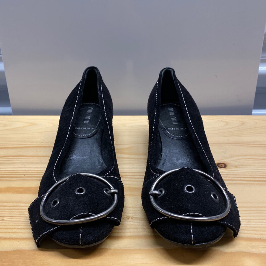 Miu Miu Black Suede Decorative Stitched Silver Hardware Heel 35.5