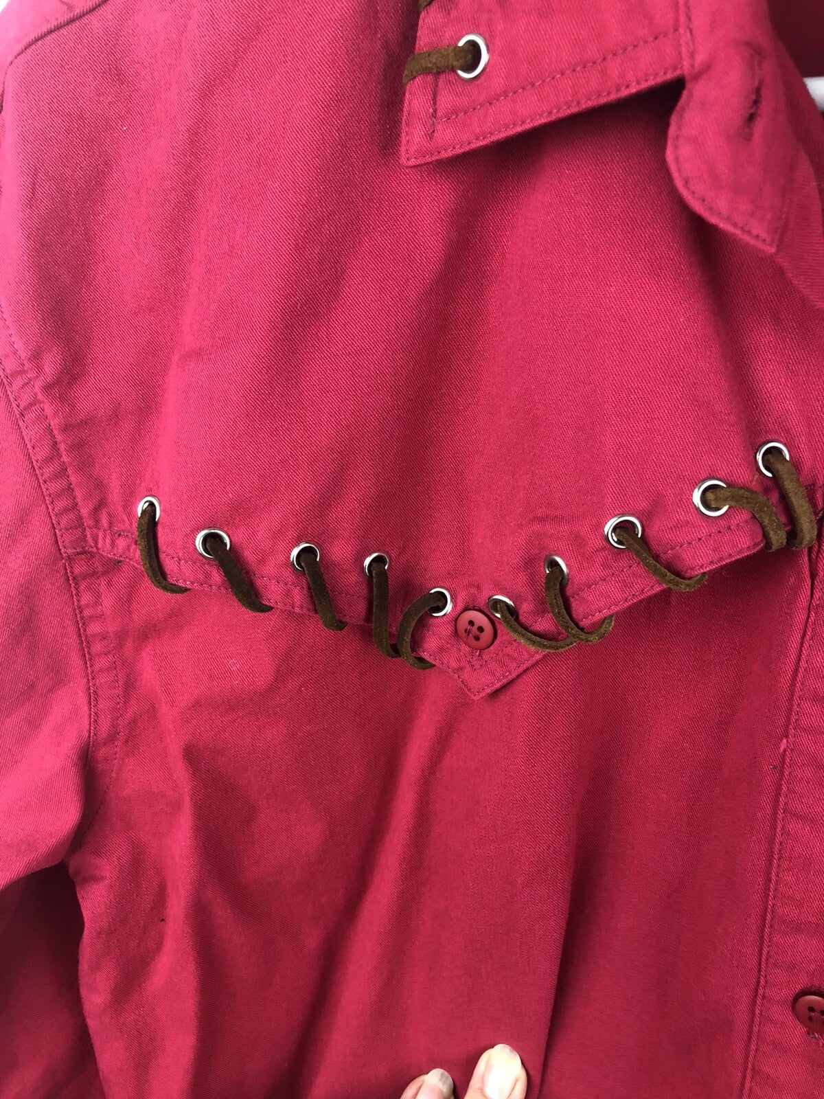 Vintage Tillman Western Button Up Womens Red Shirt Leather Grommets SZM   B2