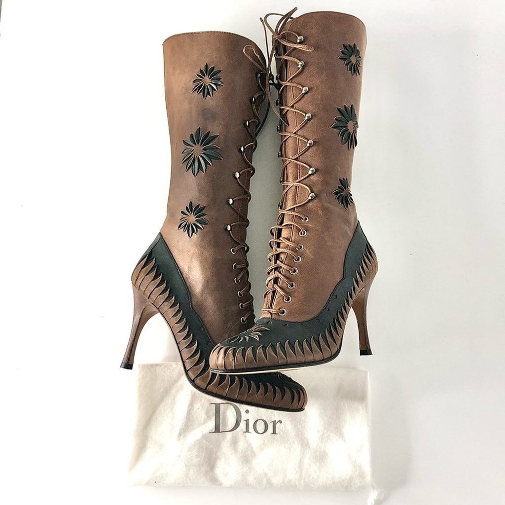 Dior Fall 2000 Galliano Vintage Floral Cutout Laceup Western Heeled Boots 37