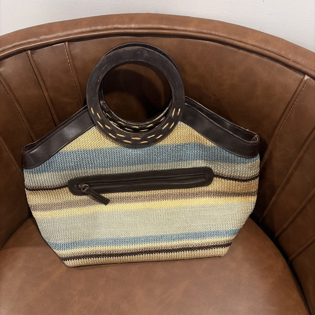 Vintage 1990s Y2K Knit Woven Handle Bag Brown Trim