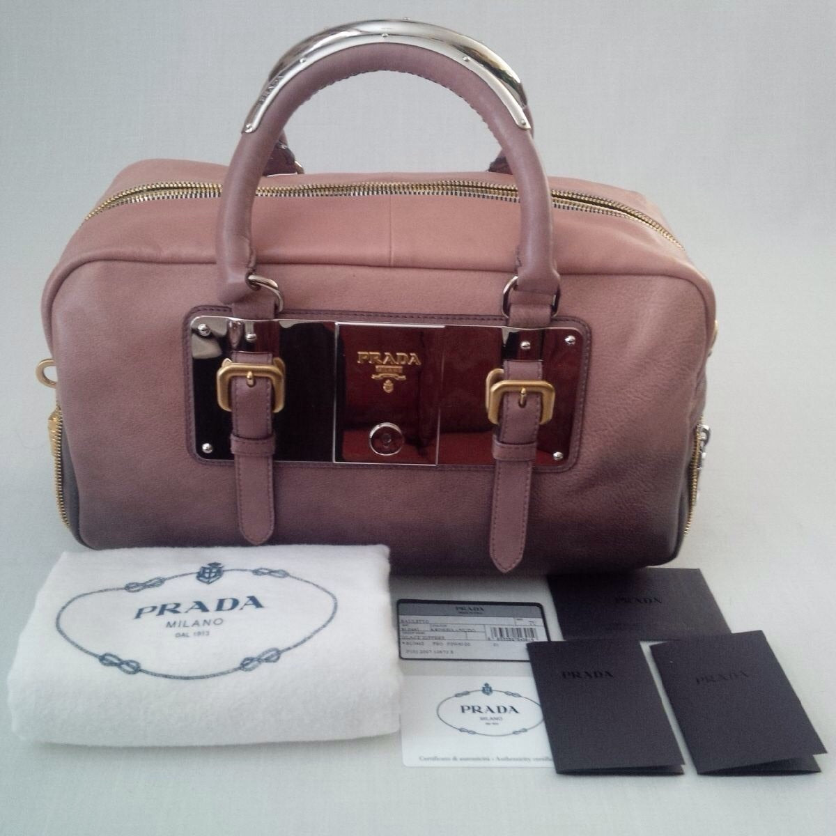Prada Bauletto Leather Handbag Ardesia Nudo