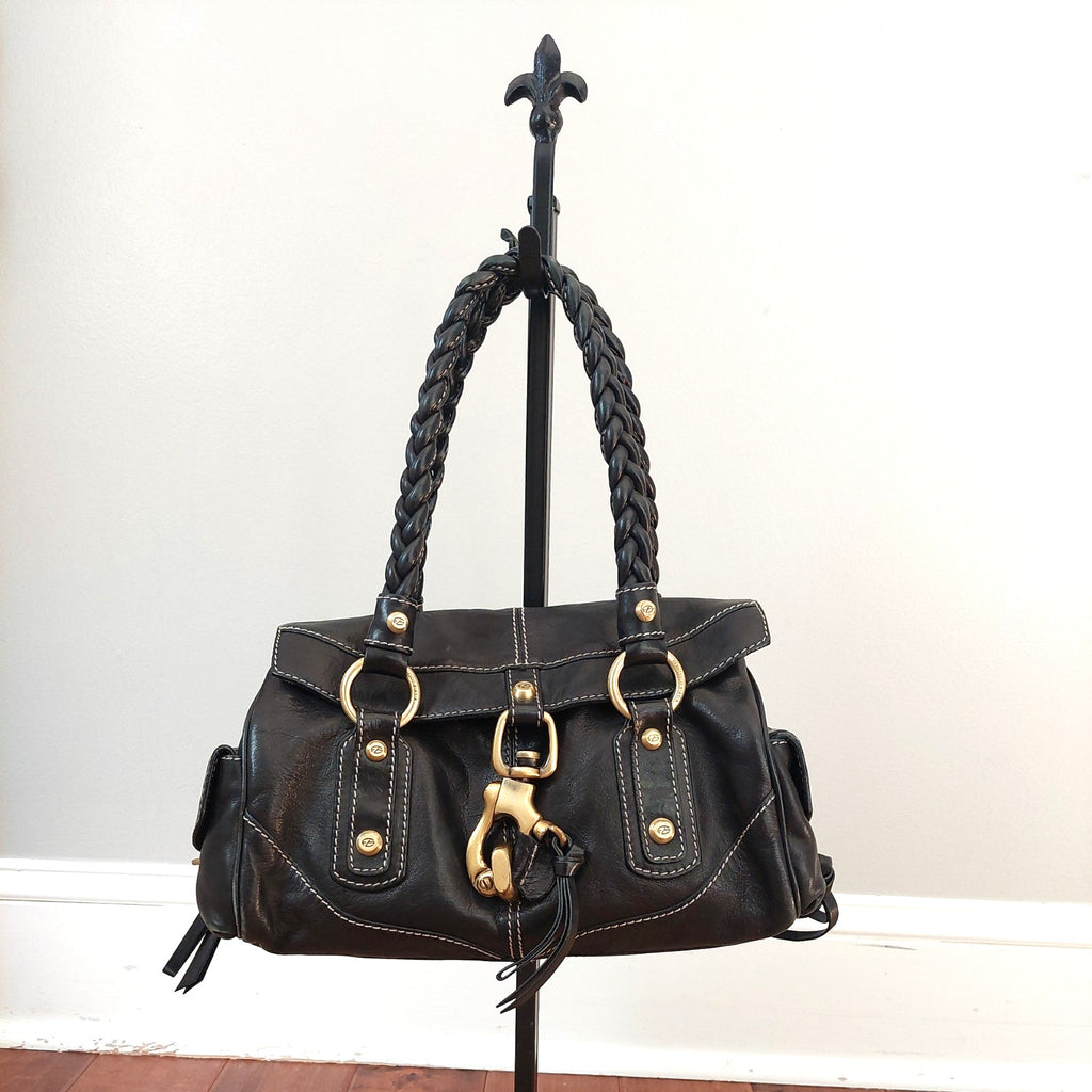 Francesco Biasia Medium Black Leather Shoulder Bag with Braided Top and Double Handles