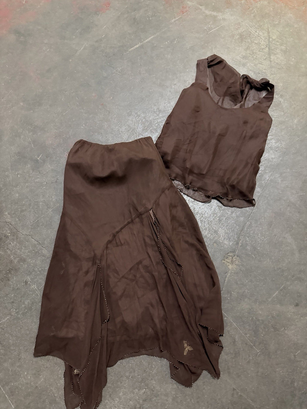 Vintage Y2K Woodland Fairy Brown Floral Silk Beaded Two Piece Skirt Set Asymmetric