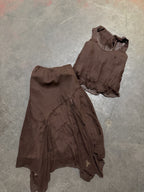 Vintage Y2K Woodland Fairy Brown Floral Silk Beaded Two Piece Skirt Set Asymmetric