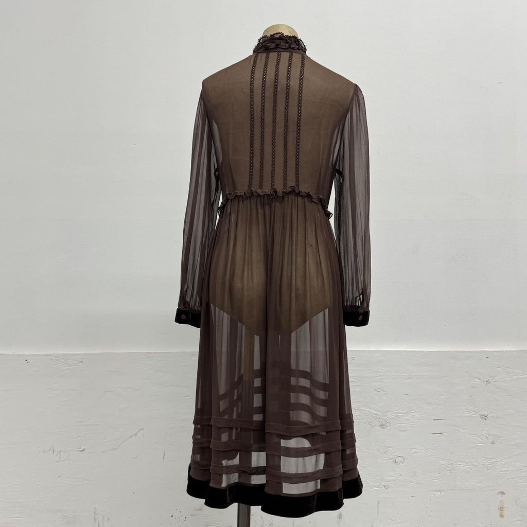 Vintage Brown 100% Silk Chiffon Edwardian-Style Ruffled Midi Dress