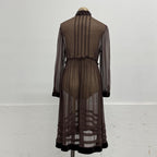 Vintage Brown 100% Silk Chiffon Edwardian-Style Ruffled Midi Dress