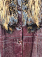 Vintage Long Leather Coat with Removable Fur Collar Brown Women's