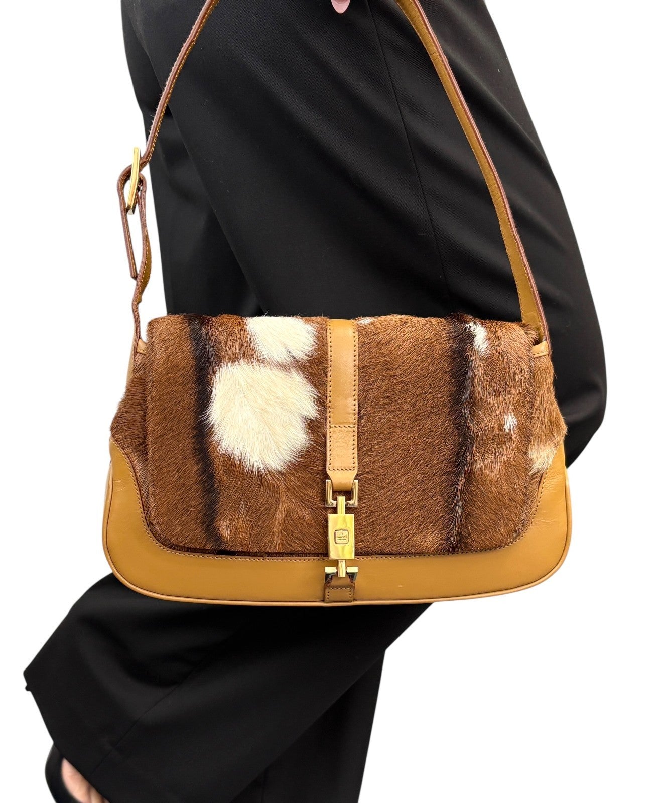 GUCCI Vintage Jackie Cow Pony Calf Hair Shoulder Bag Brown Camel Leather