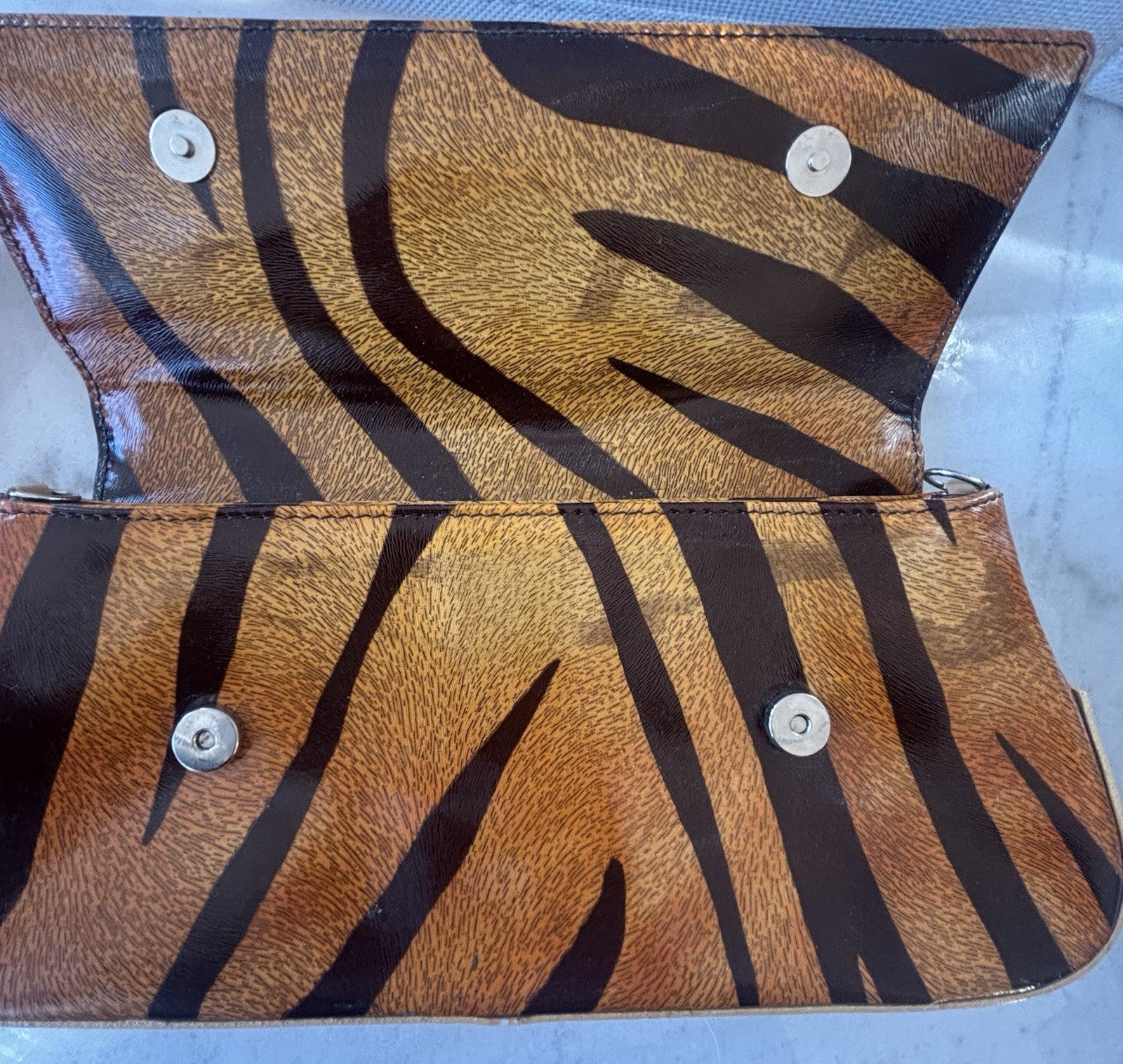 Vintage Francesco Biasia Tiger Stripe Leather Clutch Bag Italy Magnetic Snap