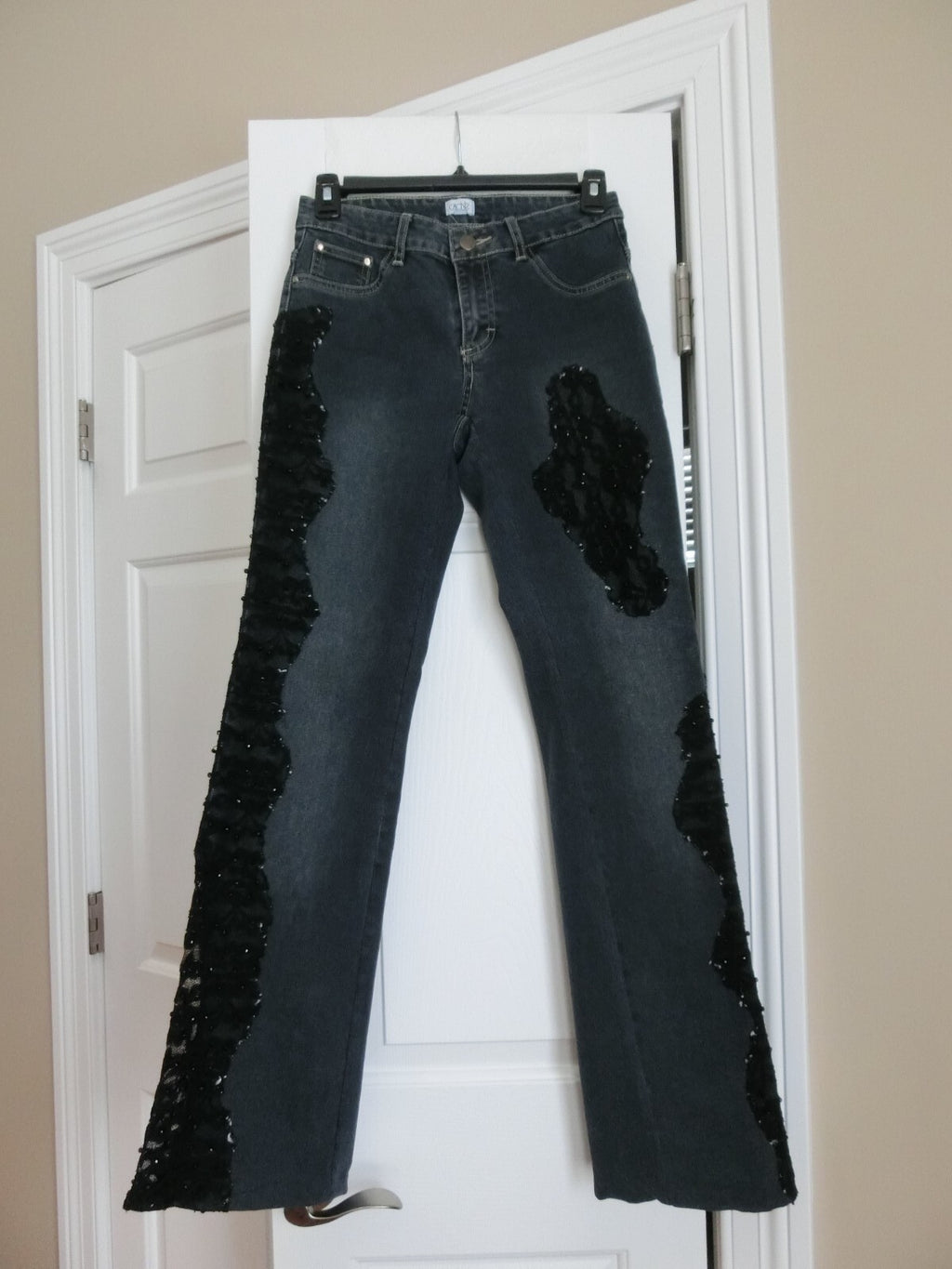 Cache Bootcut Jeans Black Lace Beaded Asymmetric Design Size 0