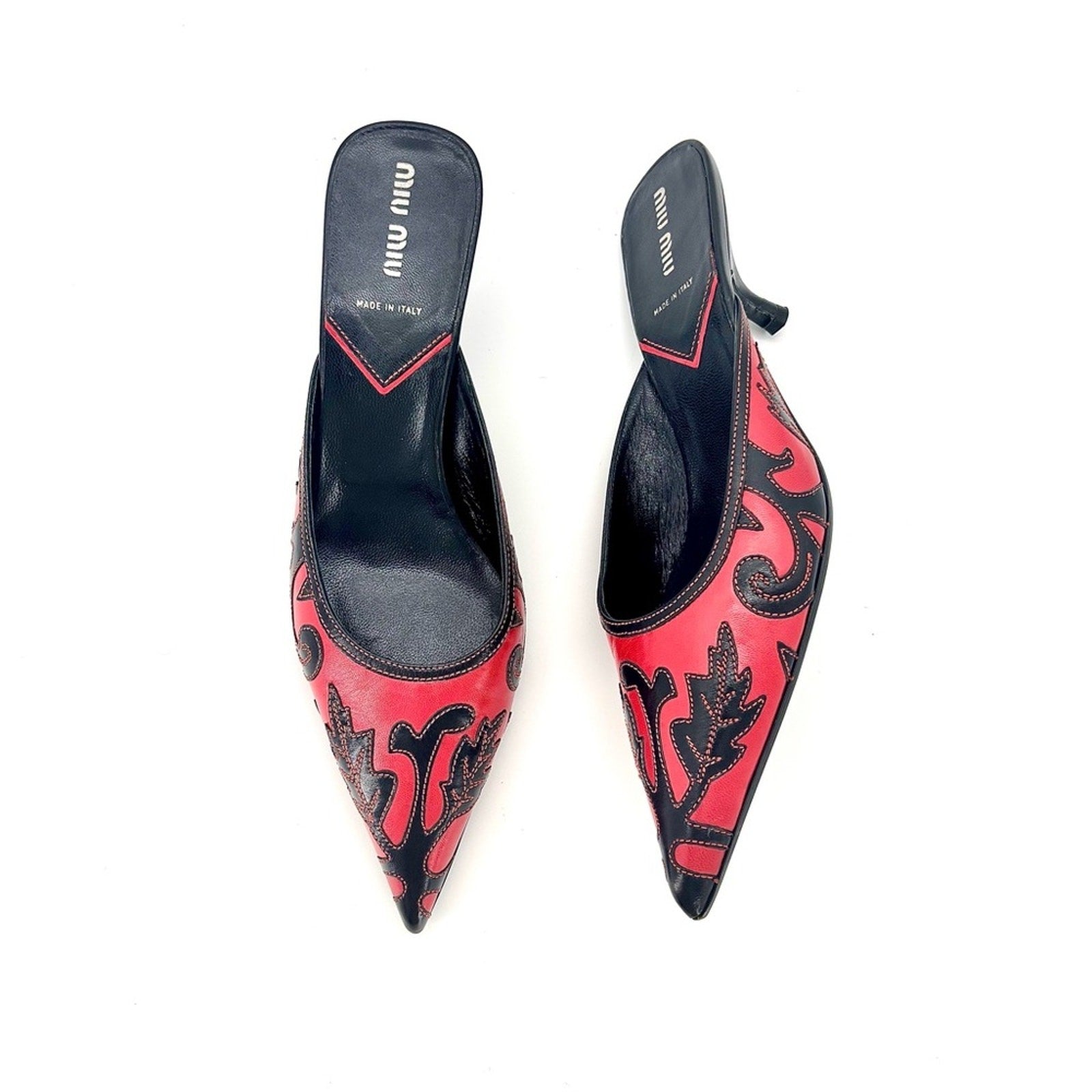 Vintage Miu Miu Embroidered Leaf Pointed Toe Slip On Kitten Heel Mules 39
