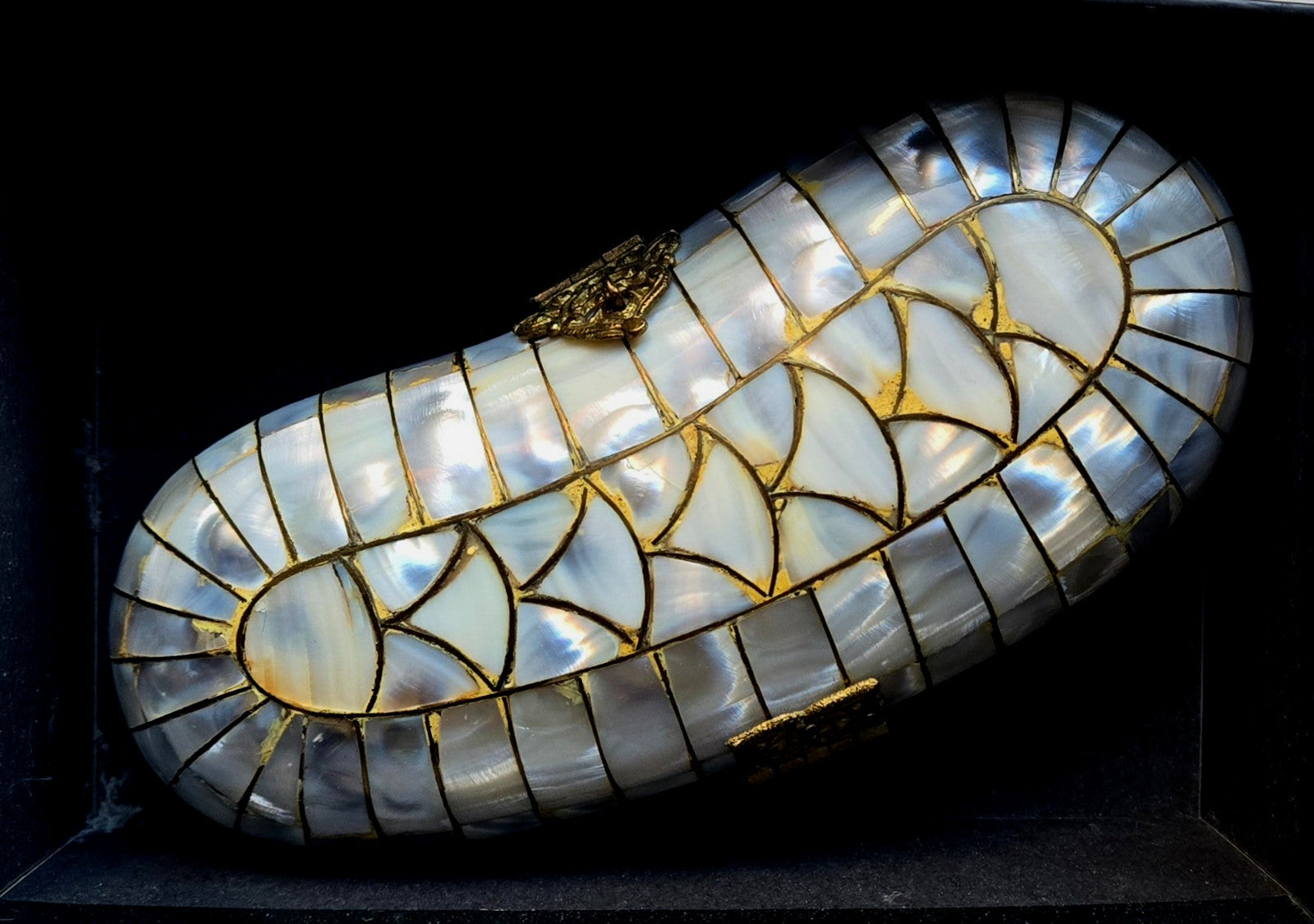 REAL Vintage Mother of Pearl Clutch Purse 50S Kidney Shape Filigree Brass Clasp