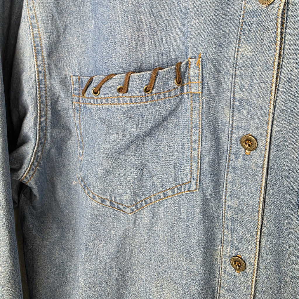 VTG Womens Denim Shirt Western Leather Lace Up Collar Pockets Long Sleeve M