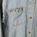 VTG Womens Denim Shirt Western Leather Lace Up Collar Pockets Long Sleeve M
