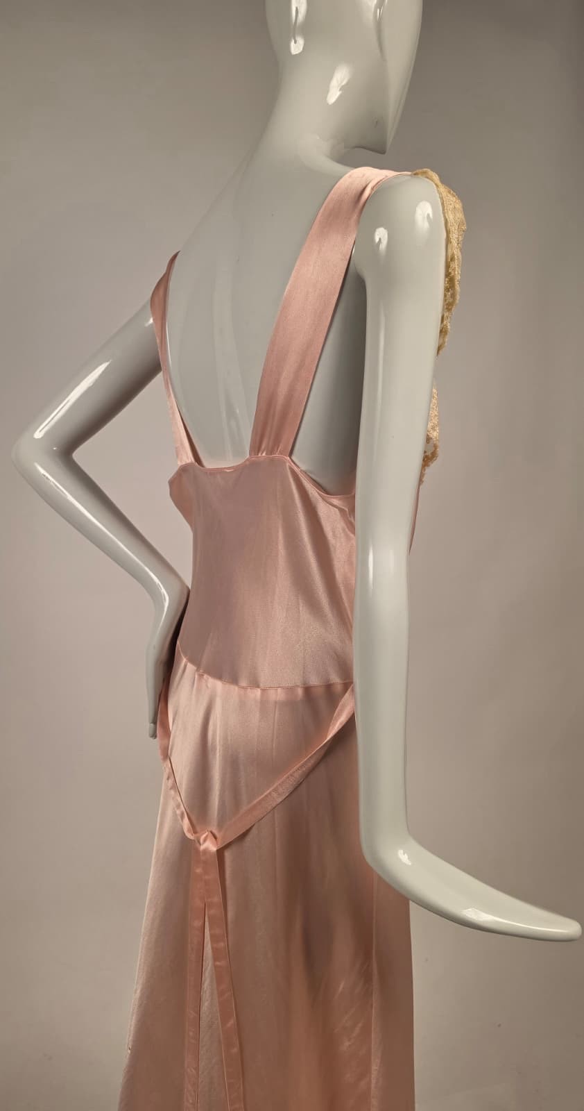 1930s Pink Satin Slip Dress with Ivory Ruffle Lace Top