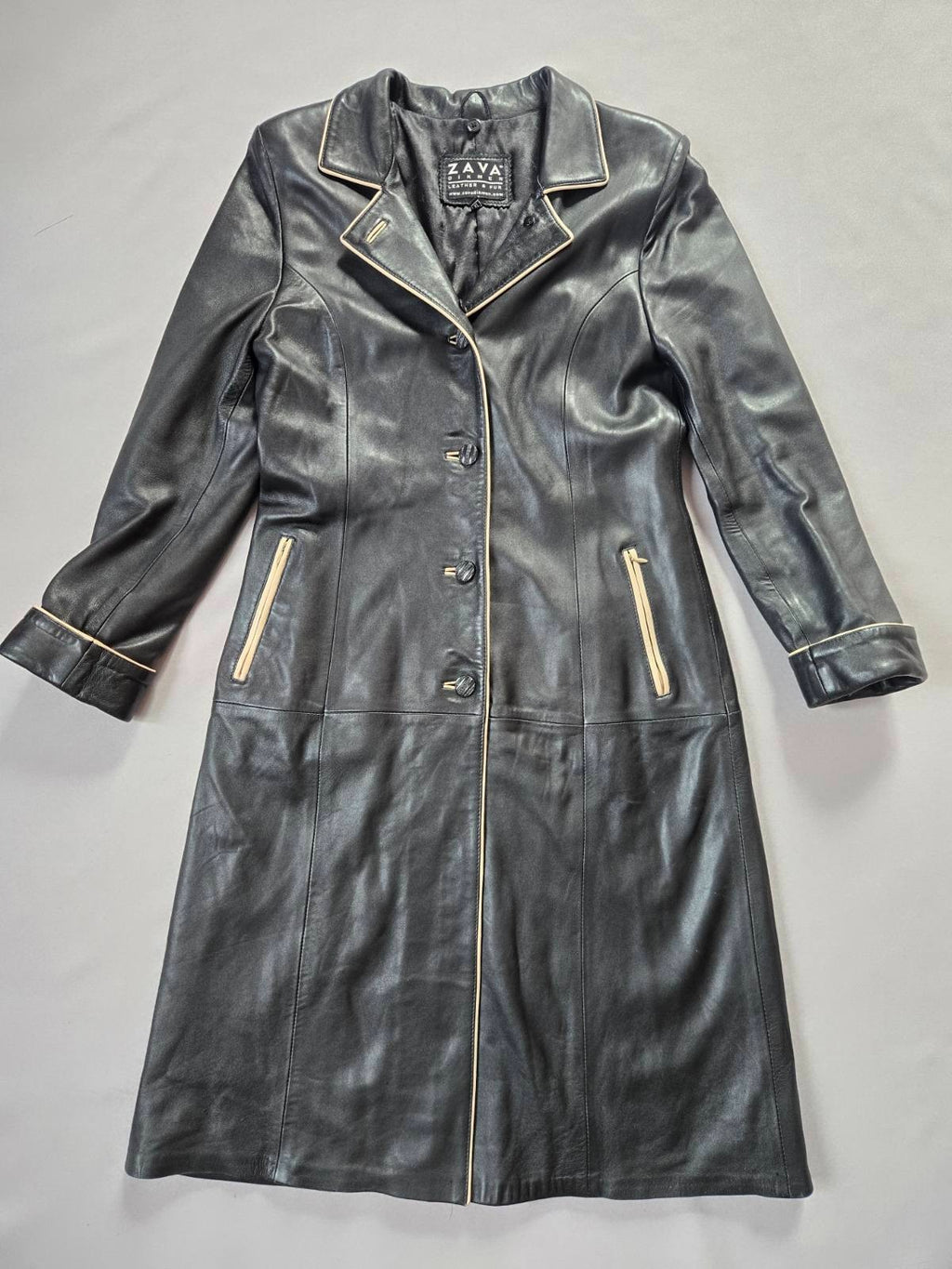Vintage Y2K Black Leather Coat with Fox Fur Collar and Cuffs