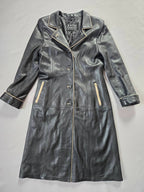 Vintage Y2K Black Leather Coat with Fox Fur Collar and Cuffs