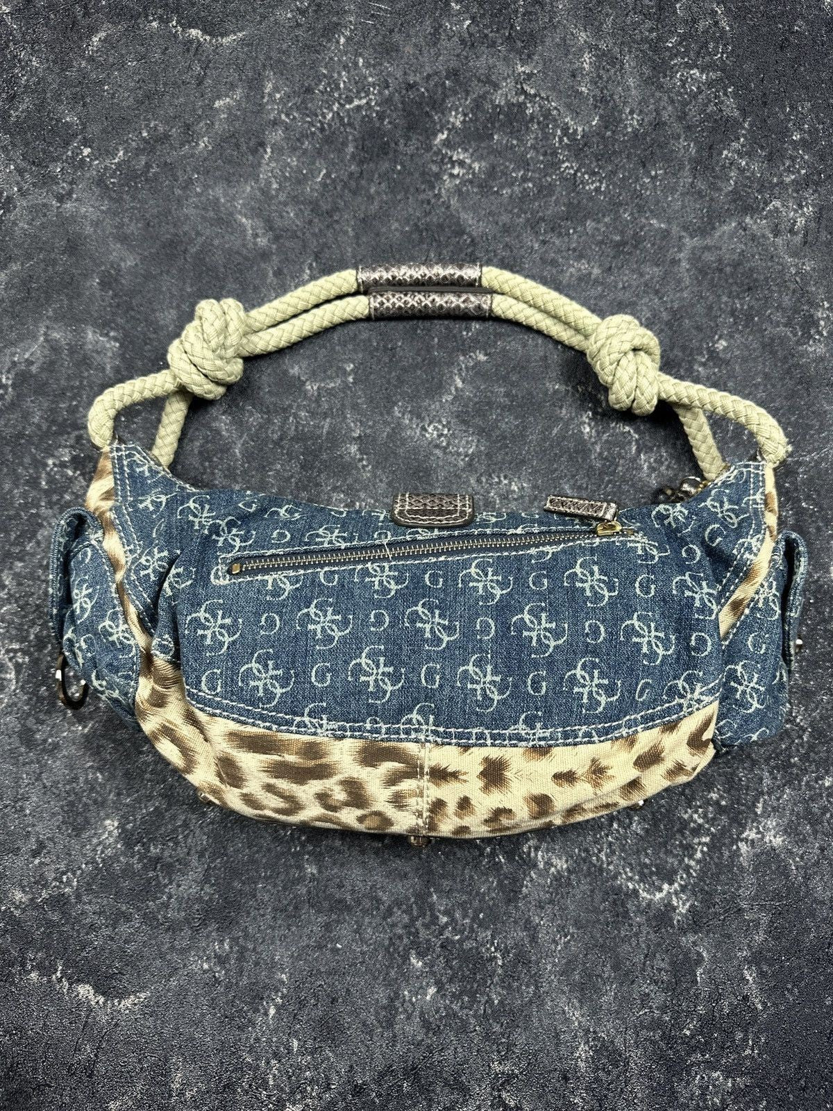 NEW Vintage Y2K Guess Leopard Pattern Denim Baguette Mini Handle Bag Women's