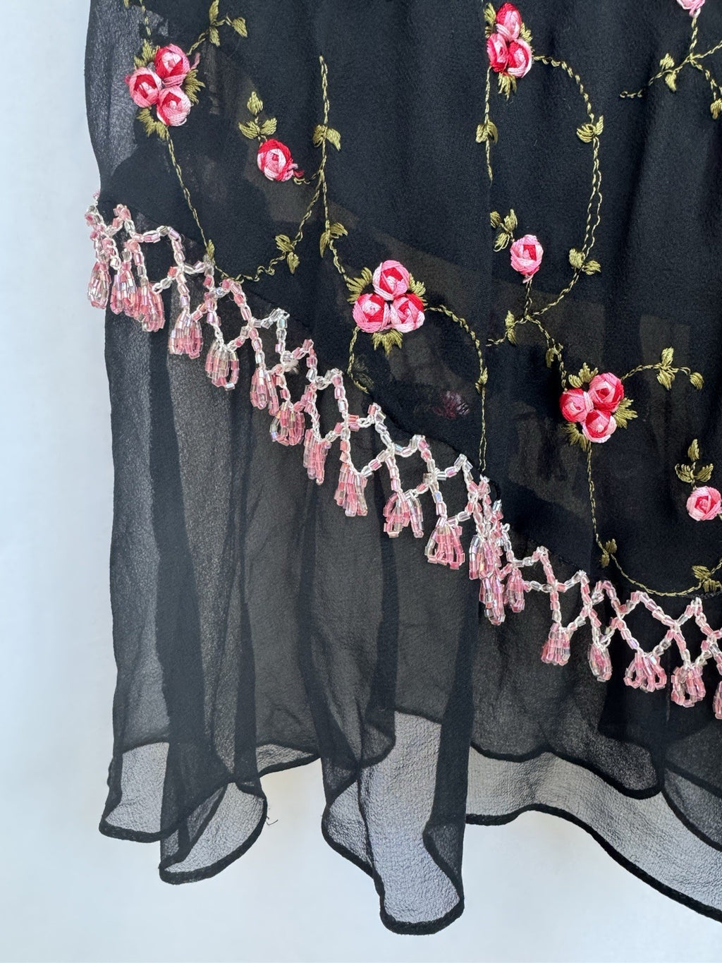 Betsey Johnson Silk Slip Dress Babydoll Black With Pink Roses Beaded Y2K Rare