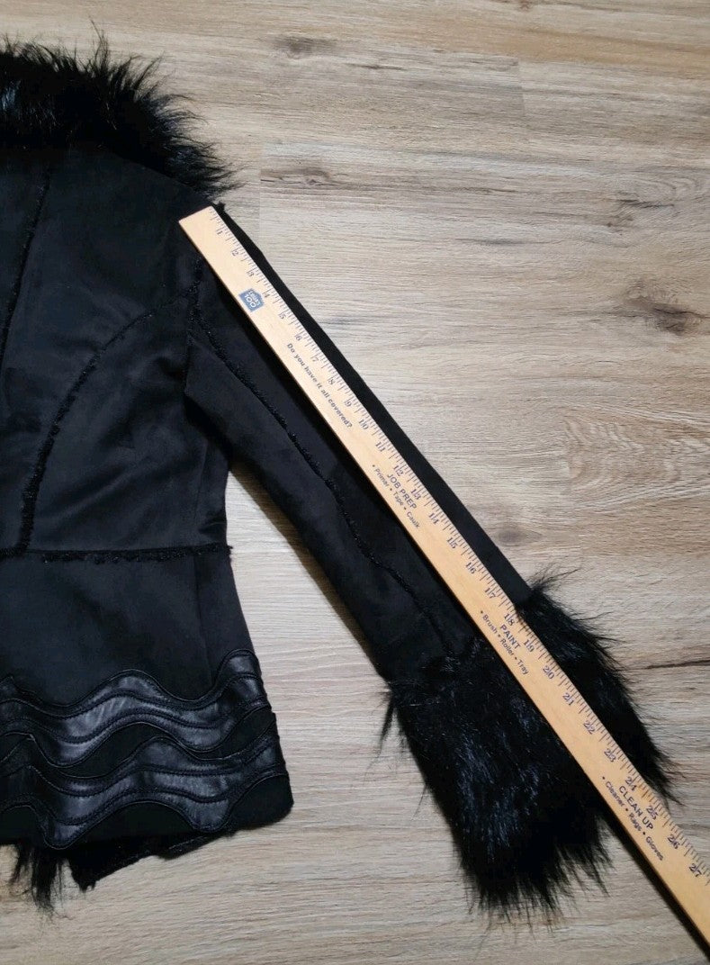 Caché Black Faux Fur Trim Leather Jacket Medium