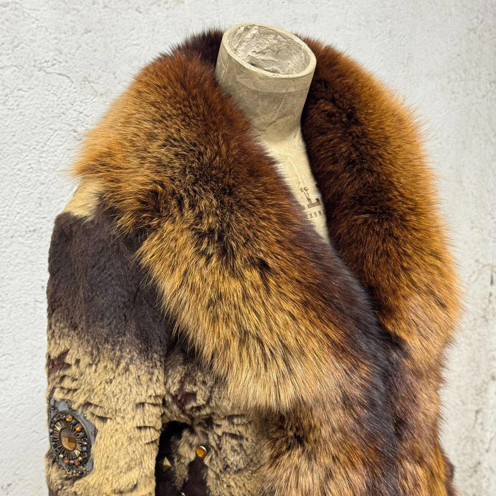 Vintage Brown Y2K Mixed-Media Embellished Real Fur & Leather Jacket