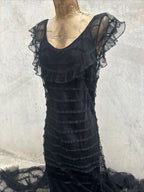 Vintage 1930s Black Mesh Net Gown Ruffles Low Back Bias Cut Art Deco Maxi Dress