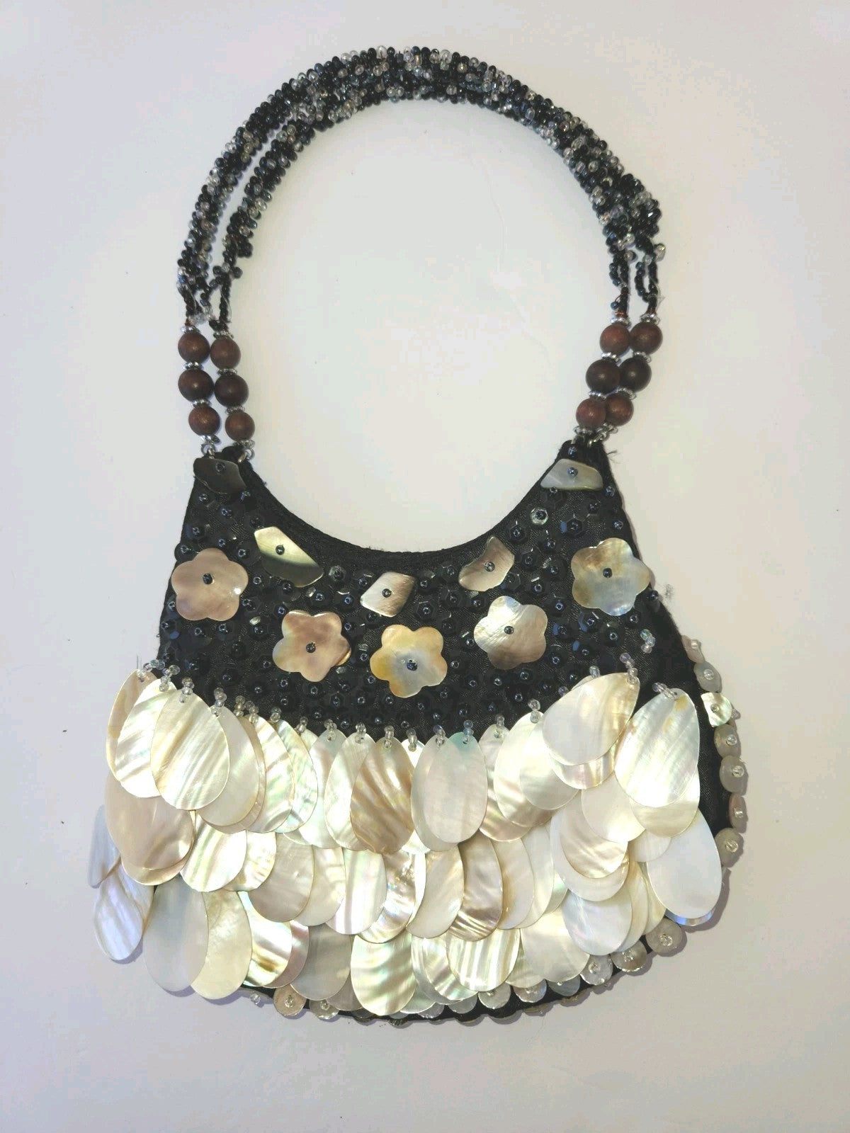 Vintage Black Satin Handbag With mother-of-pearl Shell Fringe & Beads Small 6X7"
