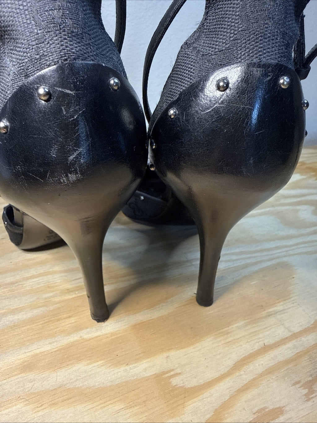 Gucci Vintage GG Canvas Horsebit Ankle Strap Pumps Black US 7B