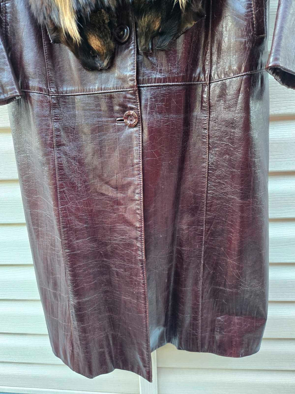 Vintage Long Leather Coat with Removable Fur Collar Brown Women's