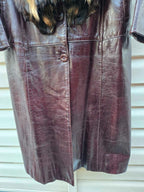 Vintage Long Leather Coat with Removable Fur Collar Brown Women's