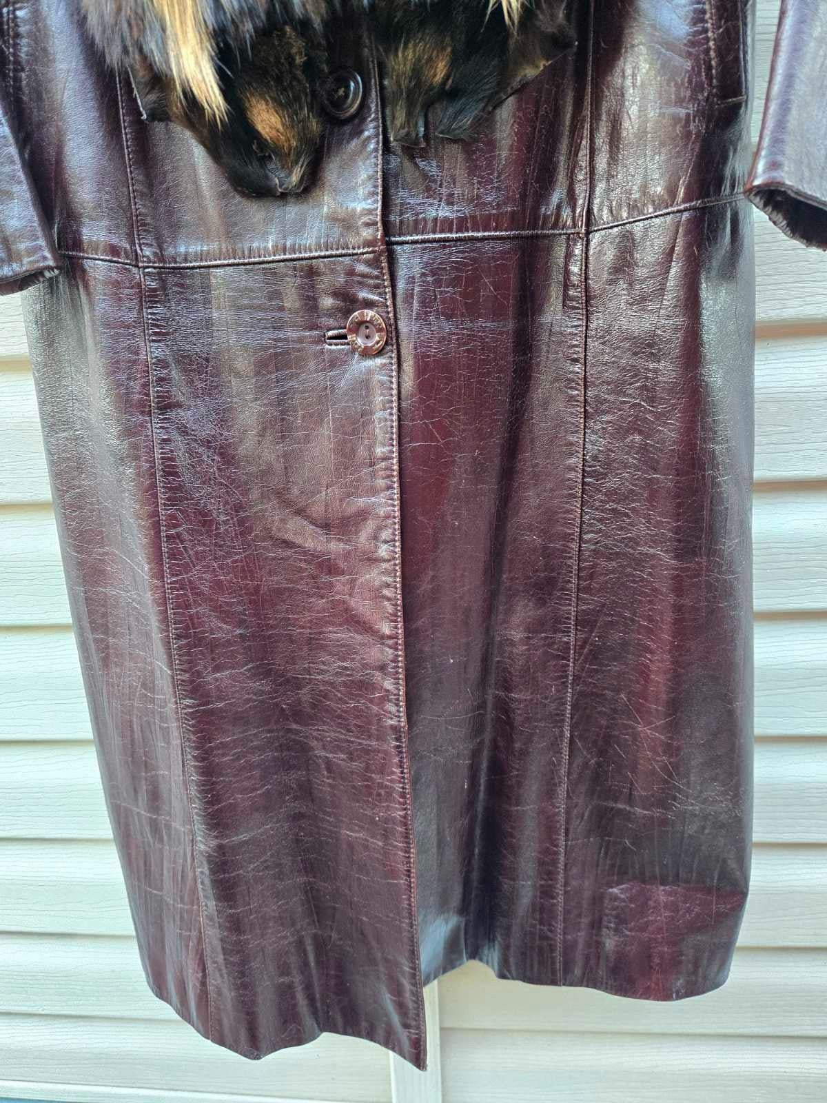 Vintage Long Leather Coat with Removable Fur Collar Brown Women's