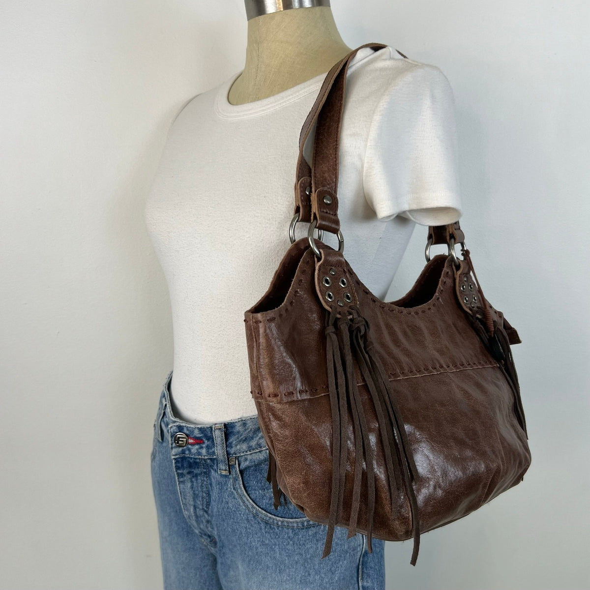 The Sak Brown Leather Fringe Western Shoulder Hobo Bag