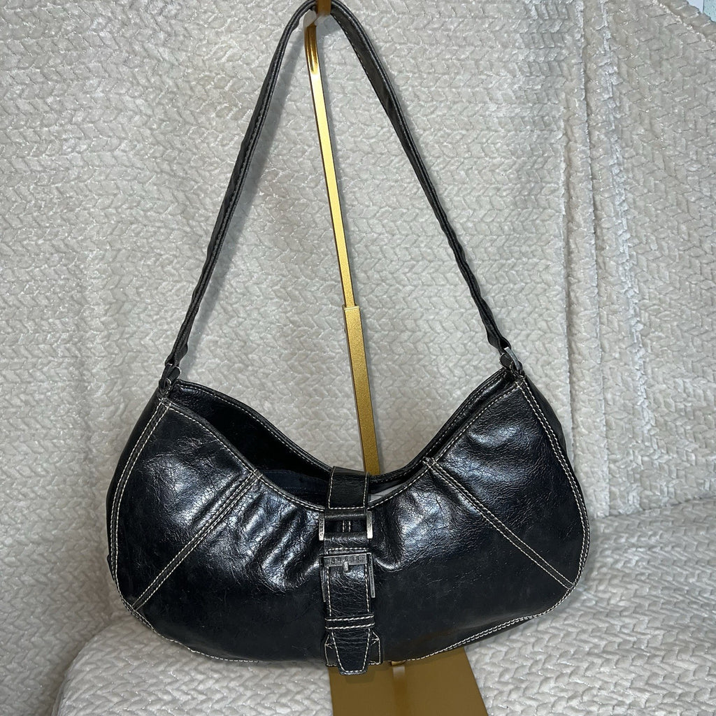 Vintage GUESS Black Baguette Shoulder Bag Y2K Buckle Faux Leather