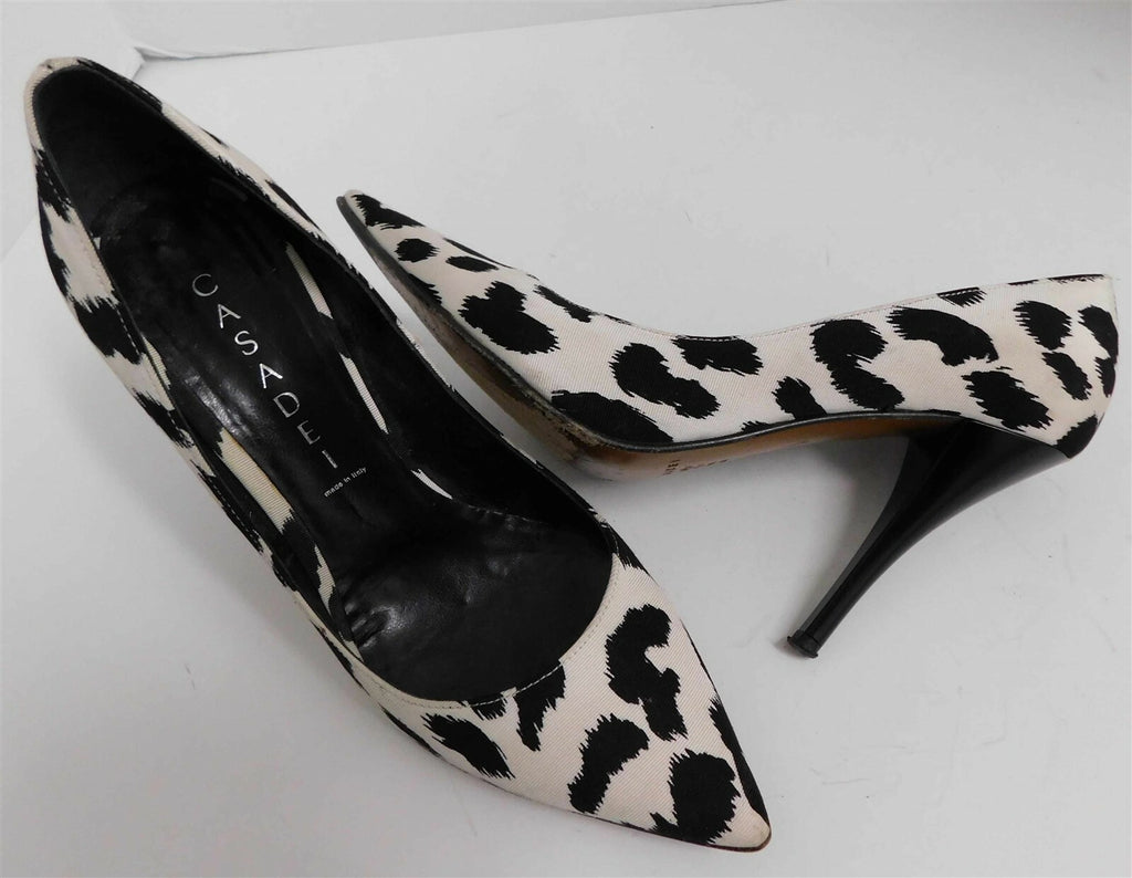 Casadei Black White Animal Print Canvas High Heel Pumps Italy 6 M
