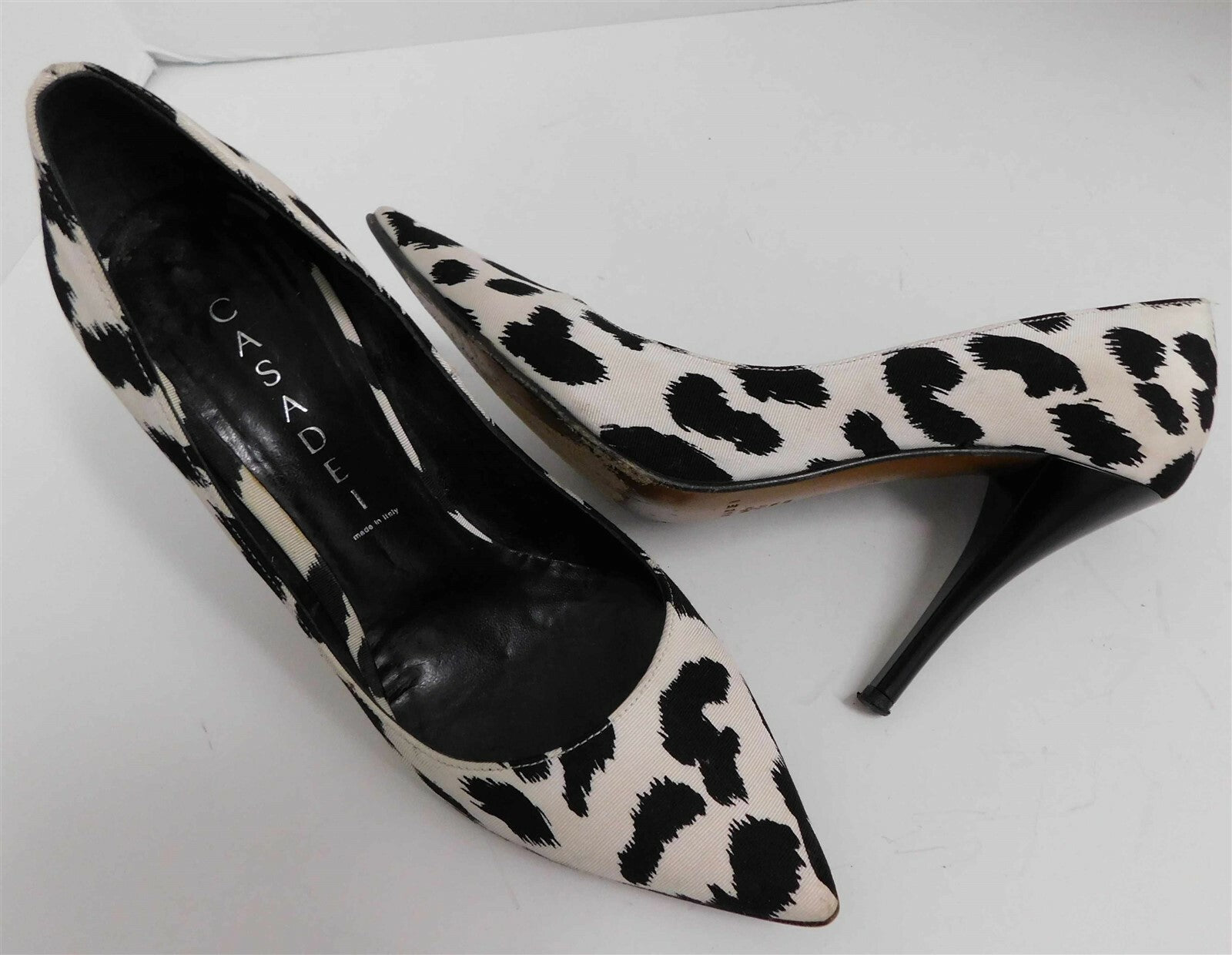 Casadei Black White Animal Print Canvas High Heel Pumps Italy 6 M