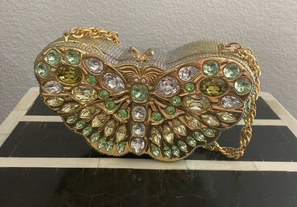JUDITH LEIBER SWAROVSKI CRYSTAL CELESTRINA GOLD BUTTERFLY BAG MINAUDIERE CLUTCH